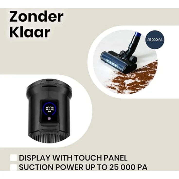 Zeegma Klaar Kabelloser Vertikalstaubsauger 400W, 25000Pa Saugleistung, 60 Min Laufzeit, Beutellos, Turbo 2in1 Bürste mit LED-Licht, 5-stufiger waschbarer HEPA Filter, Touchpanel Display, Schwarz-blau – Bild 4