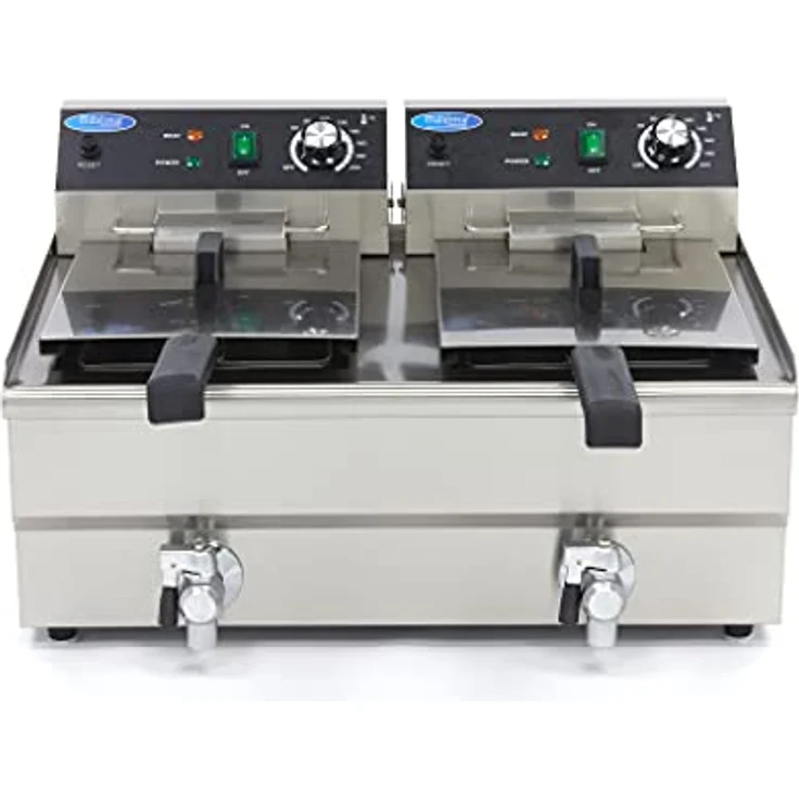 Maxima Doppel-Catering-Fritteuse, 2x 13 L Edelstahl mit Ablasshahn und abnehmbarem Deckel, 26 Liter Kapazität – Bild 2