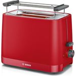 Bosch Kompakt Toaster MyMoment TAT3M124, entnehmbarer klappbarer Brötchenaufsatz, mit Auftaufunktion, Abschaltautomatik, Liftfunktion, Brotzentrierung, ideal für 2 Scheiben, 800 Watt, Rot matt