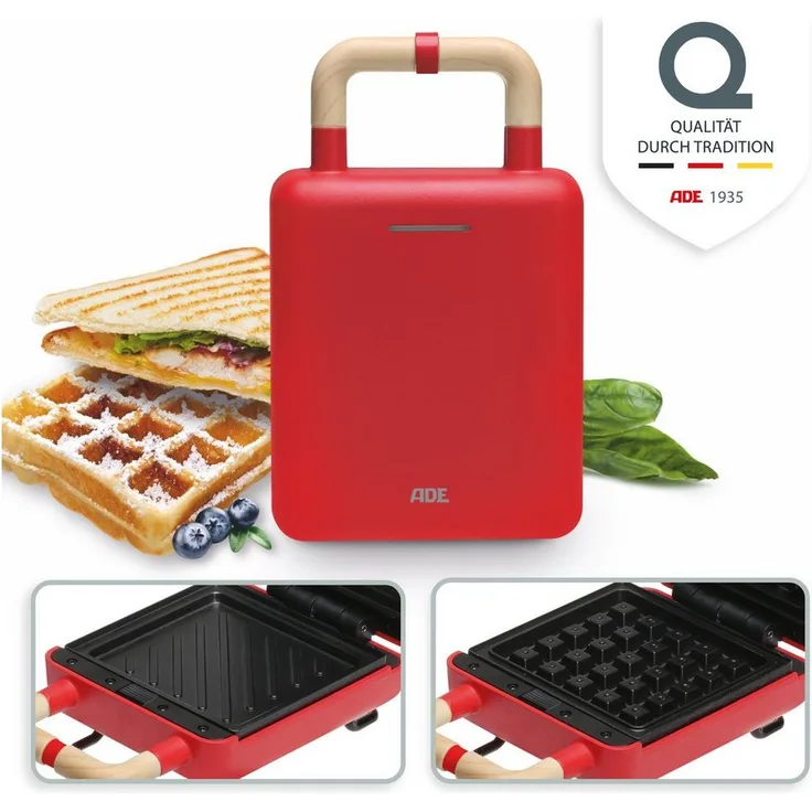 ADE 2-in-1-Kombi-Waffeleisen KG2138, 600 W mit Wechselplatten für Belgische Waffeln, XL-Sandwiches und gebratene Eier, Schwarz