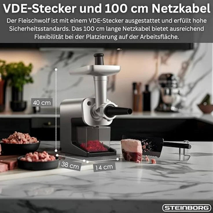 STEINBORG Fleischwolf SB-7080, elektrischer Fleischwolf mit 2000W Leistung, Edelstahl-Komponenten, 2 Geschwindigkeitsstufen, Zubehör inklusive Wurst- und Kebbe-Aufsatz – Bild 6