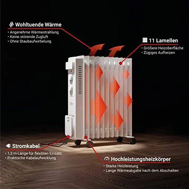 SUNTEC elektrische Heizung Ölradiator HotSafePro 2500 Watt heater ultra power Elektroheizung energiesparend – 11 Heizlamellen + 3 Heizstufen - Radiator inkl. Thermostat – Bild 3