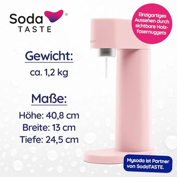 SodaTASTE Sparpaket: Mysoda Woody - Wassersprudler aus erneuerbarem Holzkomposit mit 1L BPA-freier Plastikflasche, CO2-Zylinder Classic + CO2-Zylinder Minze (Rosa) – Bild 3