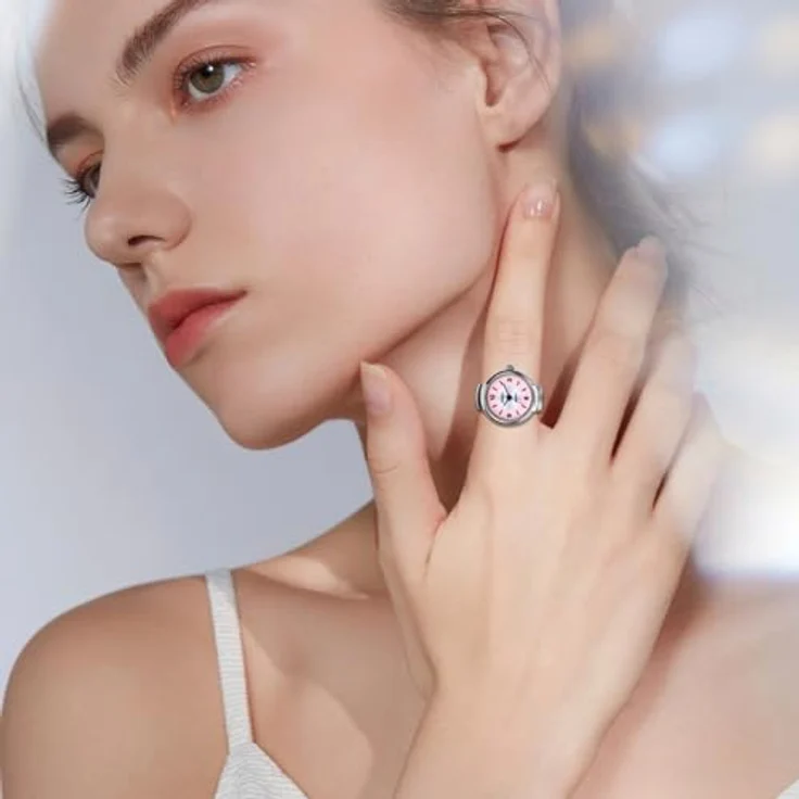 JewelryWe Ringuhr Frauen, Elastische Analog Quarz Fingeruhr mit Rosa Zifferblatt und Legierungsband, 10m wasserdicht – Bild 5