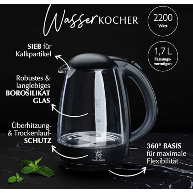 Stanley Rogers Glas-Wasserkocher 1,7L mit LED-Betriebsanzeige, Überhitzungs- und Trockenauslaufschutz, kabelbetrieben, 2200 W – Bild 2