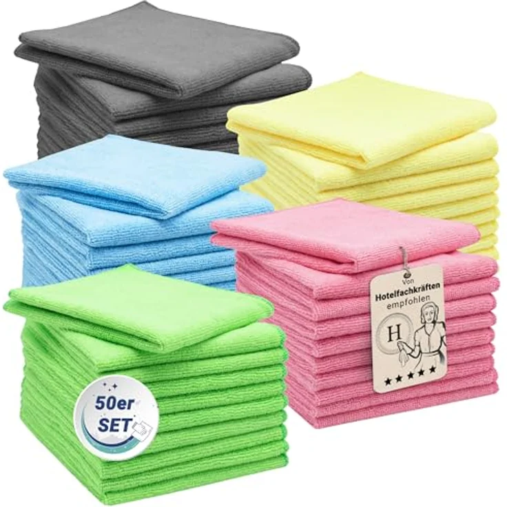 ZOLLNER 50er Set Mikrofasertücher, flusenfrei und saugstark, waschbar bis 60°C, 32x32cm, Hotelqualität für streifenfreien Glanz – Bild 1