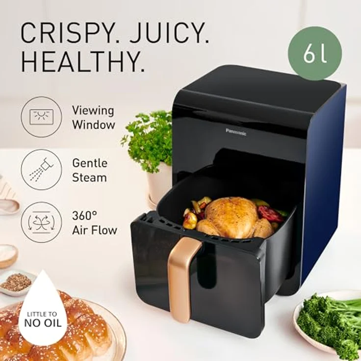 Panasonic NF-CC600AXE Air Fryer mit Sichtfenster, 6 l, 80–200 °C, digitaler Timer & LCD-Display, sanfte Dampfzugabe, 11 Voreinstellungen, einfache Reinigung, Schwarz mit Griff in Roségold – Bild 2