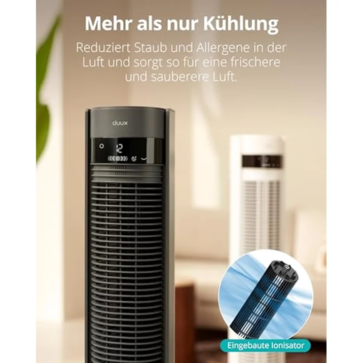 Duux Elevate Turmventilator – 12 Geschwindigkeiten, 80° Oszillation, 25 dB, Ionisator, Timer (1–12h), Schlafmodus, Touch & Fernbedienung – Leiser Smart Ventilator für Schlafzimmer/Büro, Weiß – Bild 5