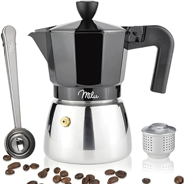 Milu Espressokocher Induktion geeignet, Aluminium Mokkakanne für 9 Tassen (400ml) mit Edelstahl, Set inkl. Löffel und Bürste, Schwarz
