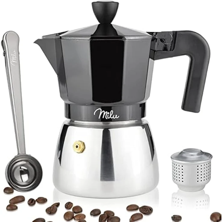 Milu Espressokocher Induktion geeignet, Aluminium Mokkakanne für 9 Tassen (400ml) mit Edelstahl, Set inkl. Löffel und Bürste, Schwarz – Bild 1