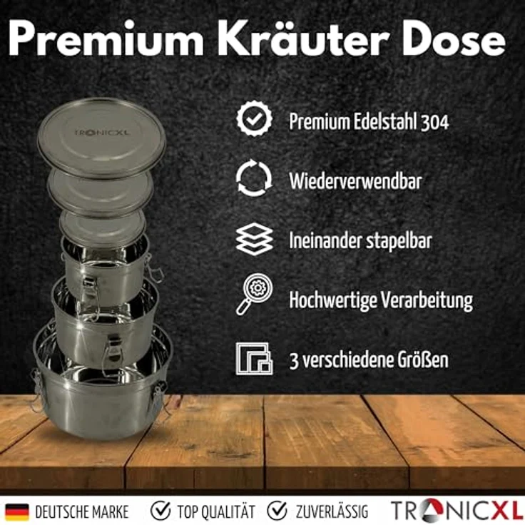 TronicXL XXL Set Kräuter Aufbewahrungsdose luftdicht kompatibel mit Boveda + Pack 62% Grow Aufbewahrung Ernte Dose, 3er Set in Edelstahl mit Feuchtigkeitsregulierer – Bild 2