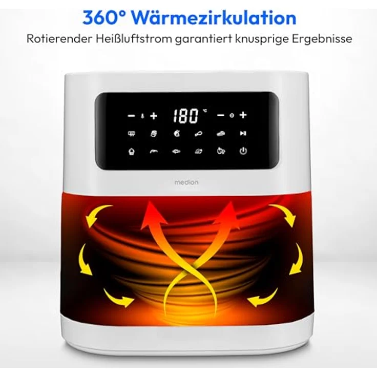 MEDION E40 XL Heißluftfritteuse (5,2 Liter Frittierkorb, 2.150 Watt, 9 Automatikprogramme, Backfunktion, ölfreies Frittieren, Touch Bedienfeld, LED Anzeige) weiß – Bild 3