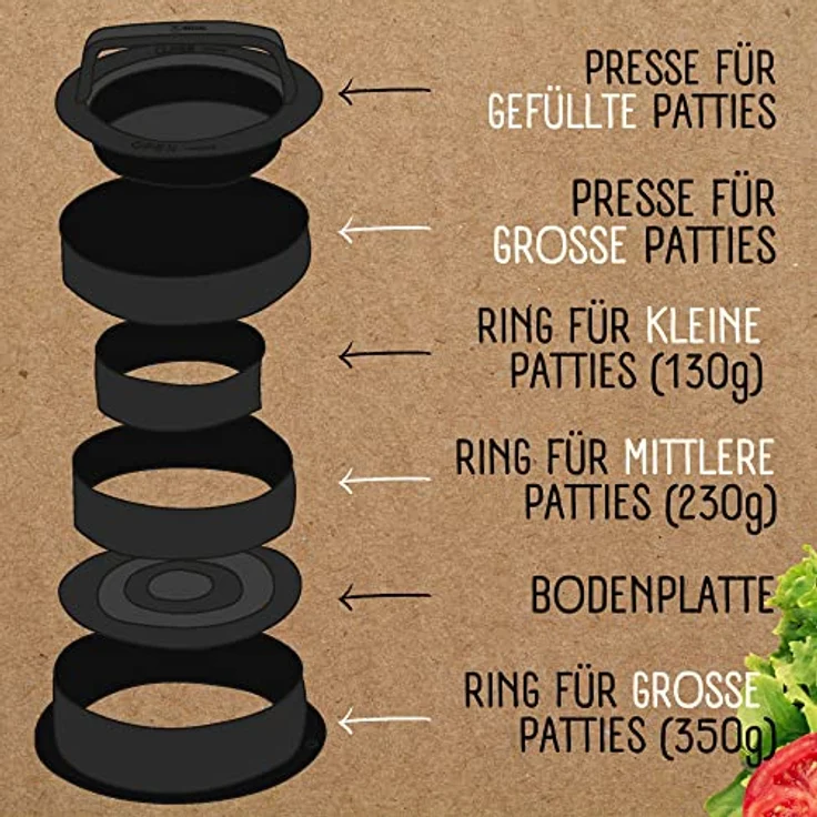 Burgerpresse mit 100 Blatt Burger Papier, 4 Patty Größen inkl. Gefüllte Patties und XXL, Burger Pattie Presse für beste Hamburger, Hamburger Patty Maker mit Rezepten – Bild 5
