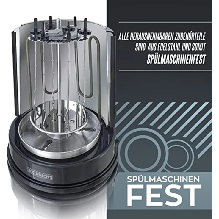 Heinrich´s Dönergrill, Schaschlikgrill, Rotissiere Hähnchengrill, Gyros Kebab, 1400 Watt, Drehspieß, aus Edelstahl, inkl. 6 Schaschlikspieße, silber, schwarz – Bild 5