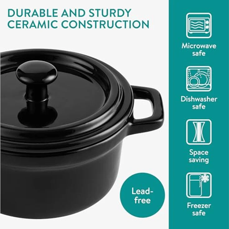 Navaris Mini Cocotte - Vielseitige Mini Auflaufform mit Deckel ofenfest - 4er Set - Souffle Förmchen - Ideal für Lasagne, Pudding, Omelettes, Suppen - Keramik - Schwarz – Bild 4