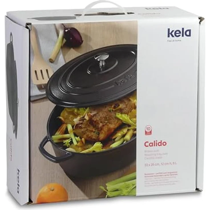 Kela 12473 Bräter mit Deckel, Gusseisen, le-Beschichtung, Hohe Wärmespeicherung, Induktionsgeeignet, 6,5 L, Schwarz, Oval, Calido – Bild 10