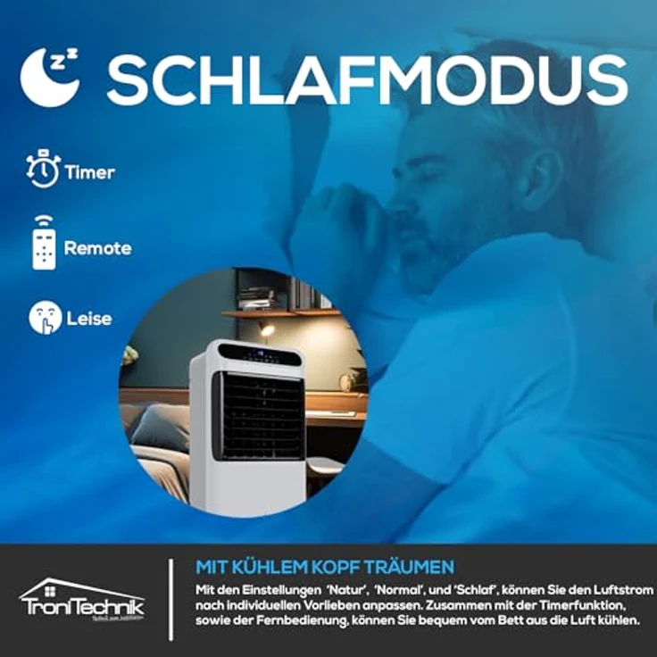 TroniTechnik Ventilatorkombigerät LK06 Aircooler, 10L Wassertank, 5in1 Ventilator, Ionisator, Fernbedienung, Timer, Kühlakku, Oszillation, Weiß – Bild 7
