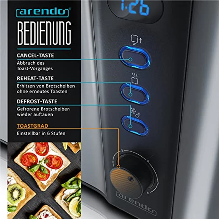 Arendo Frukost 2 Scheiben Langschlitztoaster - LCD Display mit Restzeitanzeige, Auftaufunktion, Brotzentrierung - Edelstahl, Cool Grey – Bild 5