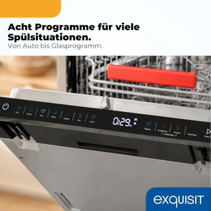 Exquisit GSP59311-E-450C, Vollintegrierbarer Geschirrspüler für 11 Maßgedecke, Energieklasse C, 8 Programme, Aquastop, Besteckschublade, Innenbeleuchtung, Schwarz – Bild 6