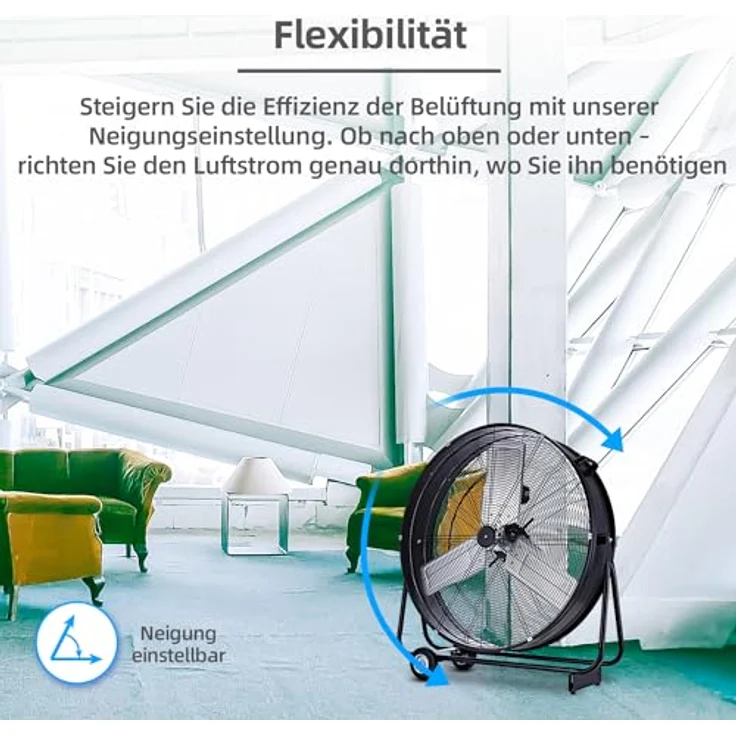 Be Cool Bodenventilator 300W, leistungsstarker Trommelventilator mit 2 Geschwindigkeitsstufen und verstellbarer Neigung, mobil mit Rollen – Bild 4