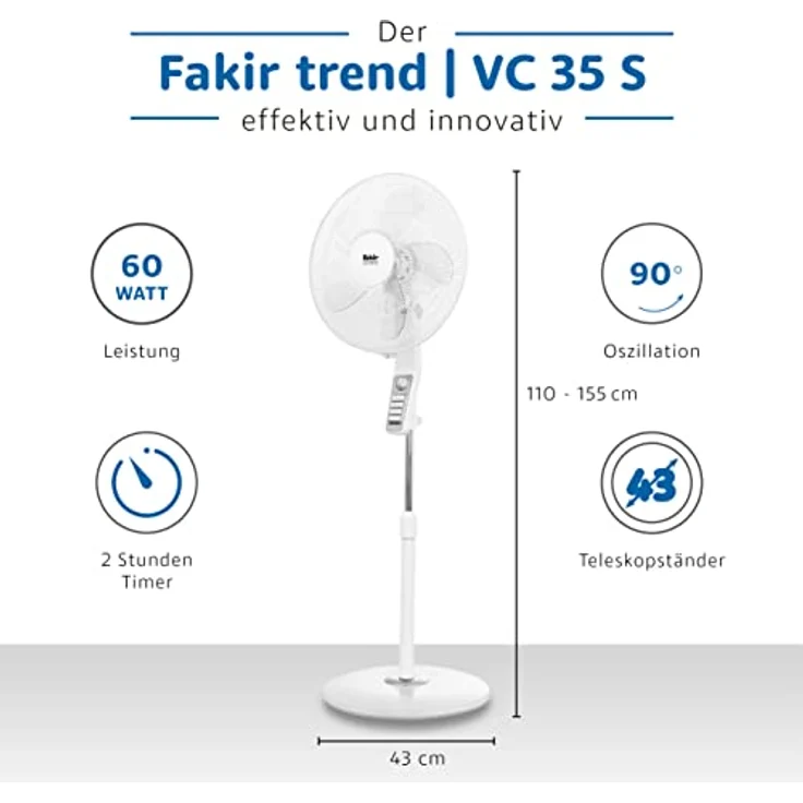 Fakir VC 35 S trend - Standventilator sehr leise, oszillierend 90°, 3-Leistungsstufen, ergonomisches Bedienfeld , hoher Luftdurchsatz, Timer-Funktion, 45 cm Korbdurchmesser – 60 Watt – Bild 3