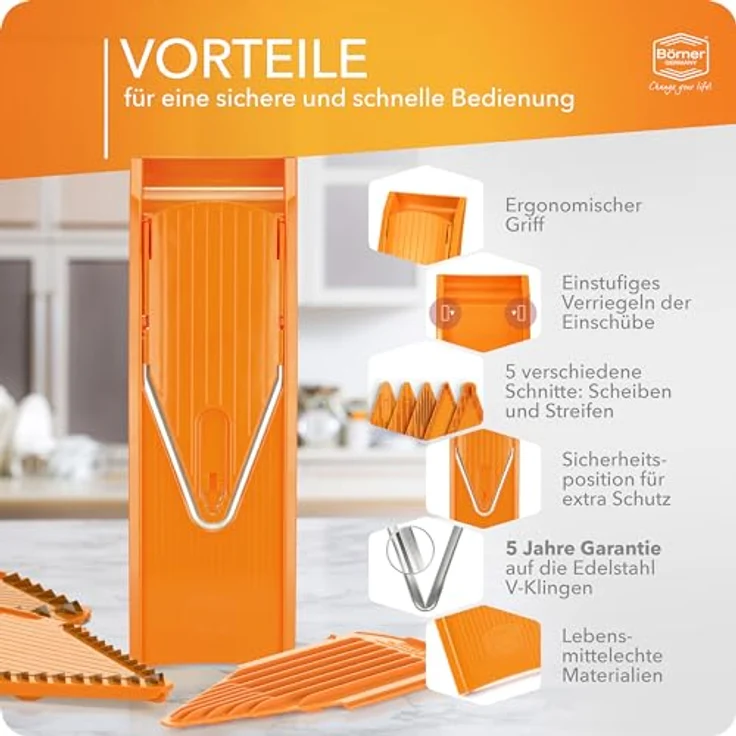 Börner Gemüsehobel V1 ClassicLine Starter Set, Kunststoff, mit 2 Messereinschüben orange – Bild 5