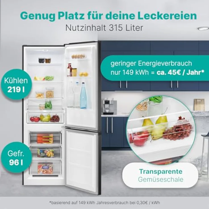 Bomann XXL Kühlschrank mit Gefrierfach 186cm | 60cm breit | Kühlgefrierkombi 4 Ablagen | 40db | KG 7357 schwarz-inox – Bild 2