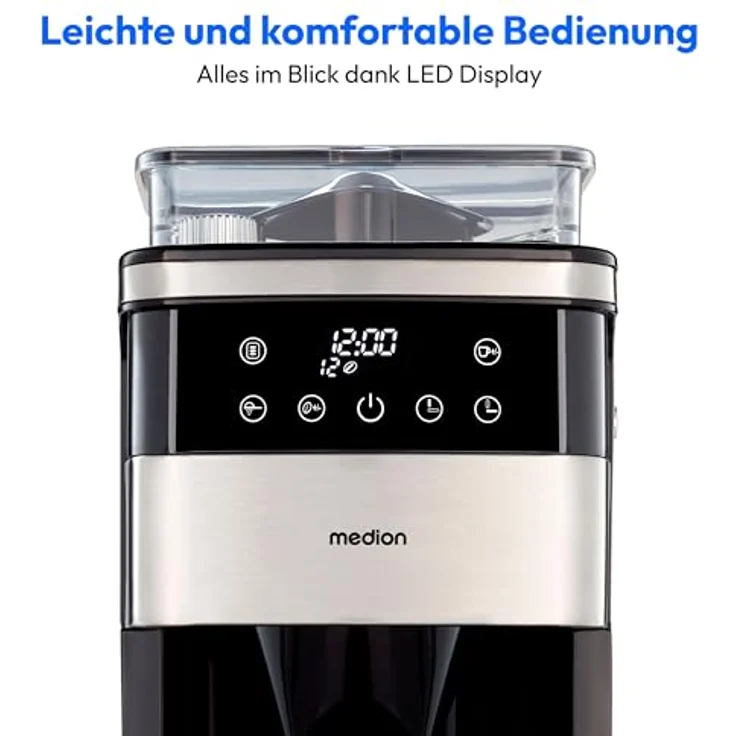 MEDION Kaffeemaschine mit Mahlwerk und Glaskanne (1,5 Liter, max. 12 Tassen, 8 Mahlstufen, max. 1050 Watt, 24 Stunden Timer, LED Display, Tropfstopp, Permanentfilter, MD19899) – Bild 5