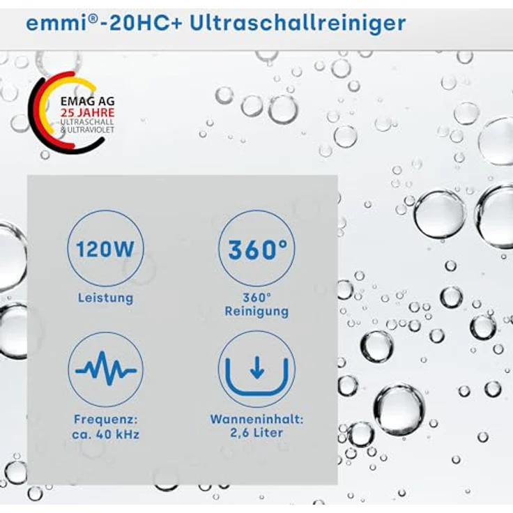 Emag Emmi-20HC Plus Ultraschallreiniger, 120 W, 2.6 l mit Heizung, Edelstahl, Silber – Bild 3