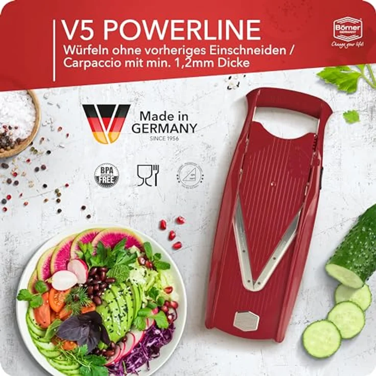 Börner Gemüsehobel V5 PowerLine Profi Set, Kunststoff, mit 2 Messereinschüben und Dockingstation rot – Bild 4