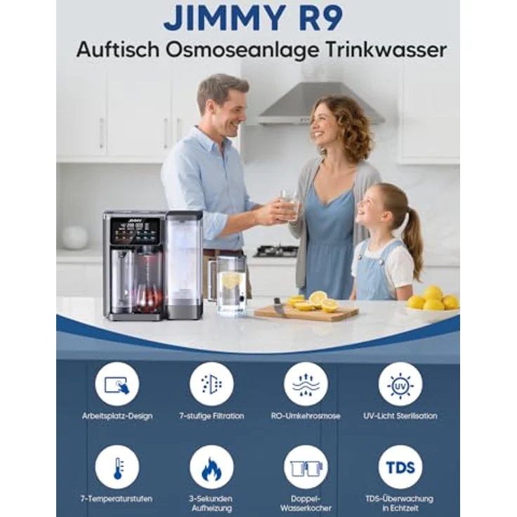Jimmy R9 Umkehrosmoseanlage, 7-stufige Wasserfilter mit Heißwasserspender, UV-Desinfektion, 3-Sekunden-Heizung, 7 Temperaturstufen, Echtzeit-TDS-Monitor – Bild 2