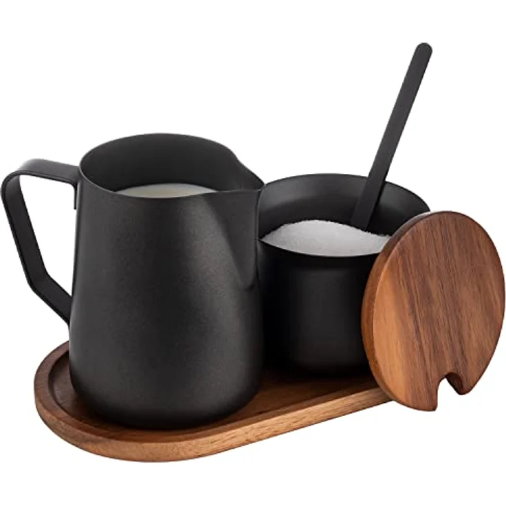 APS 634 Milch- und Zucker-Set, 5-tlg. Set, Akazienholz, Edelstahl PTFE beschichtet, schwarz – Bild 3