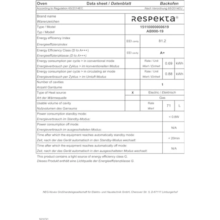 Respekta Einbaubackofen AB900-19, autark, 71 Liter, A+, 14 Beheizungsarten, Pyrolyse-Reinigung, Airfry-Funktion, schwarz, inkl. Airfry-Grillblech – Bild 4