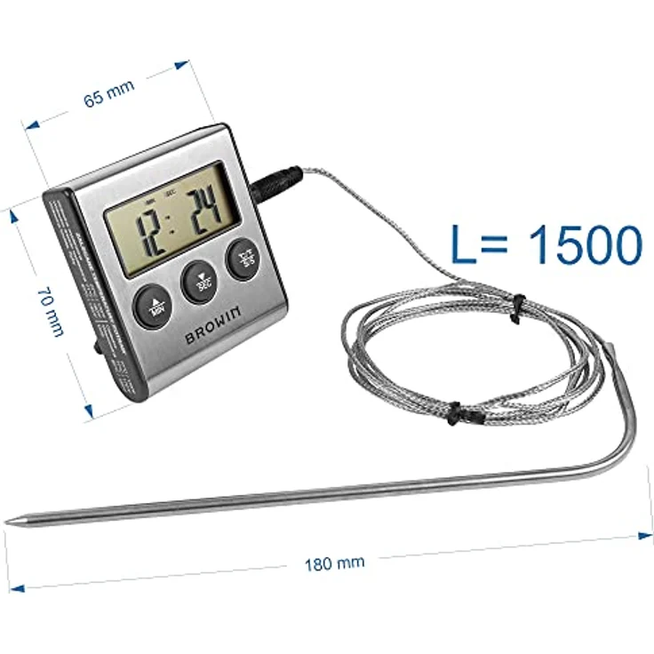 Browin 185609 Lebensmittel-Thermometer mit Sonde aus rostfreiem, Thermometer für Fleisch, ​Stahl - 1,5 m, von 0 bis 250°C, Timer, Alarm, elektronische Anzeige, Thermometer für Fleisch – Bild 3