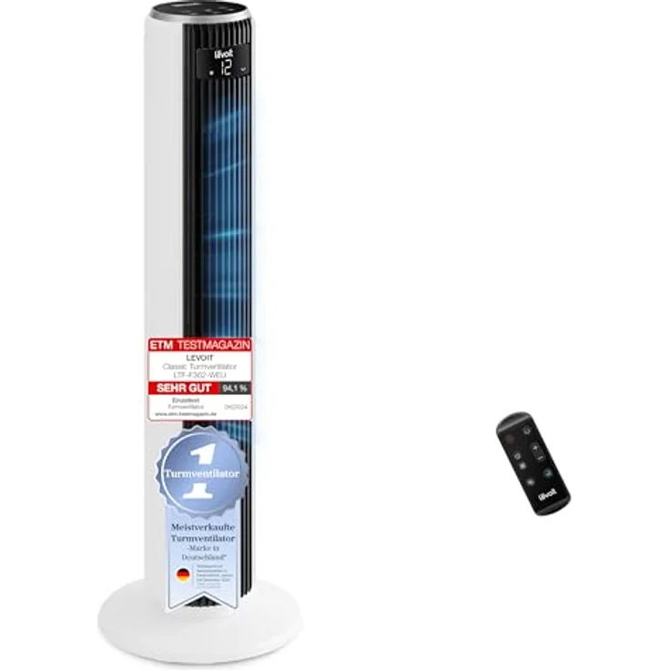 Levoit DC Motor Turmventilator, ultra leise mit 20dB, 4 Modi, 12 Geschwindigkeitsstufen, 12 Std Timer, 7,9 m/s Luftgeschwindigkeit, Fernbedienung, energieeffizienter 24W Standventilator – Bild 1