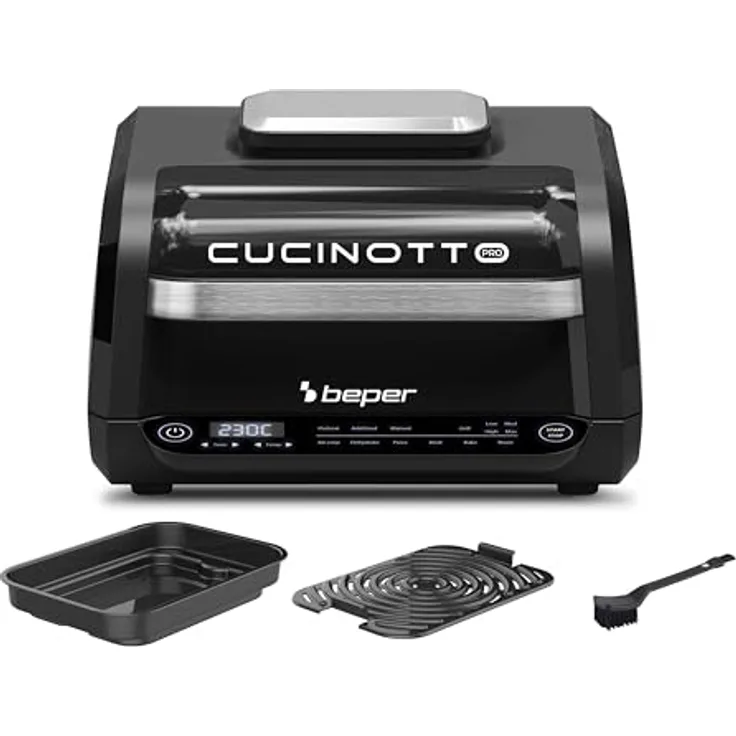 BEPER P101FRI081 Multifunktionsfritteuse, Digitale LED-Fritteuse mit 8 Programmen, Grill mit 4 Kochmodi, Temperatur bis 230°C, Timer bis 120 min, Schwarz, inkl. Zubehör