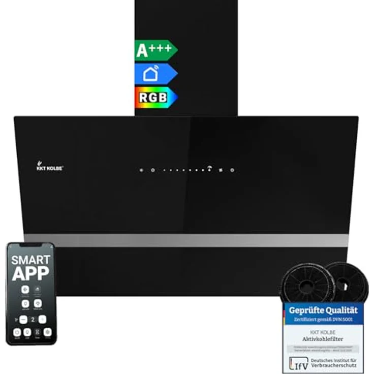 KKT KOLBE EASY8005SM Dunstabzugshaube 80 cm, 782 cbm/h, kopffrei, Wandhaube, Schwarz Glas, Smart WiFi App, RGBW-LED-Beleuchtung, Energieeffizienz A+++ – Bild 1