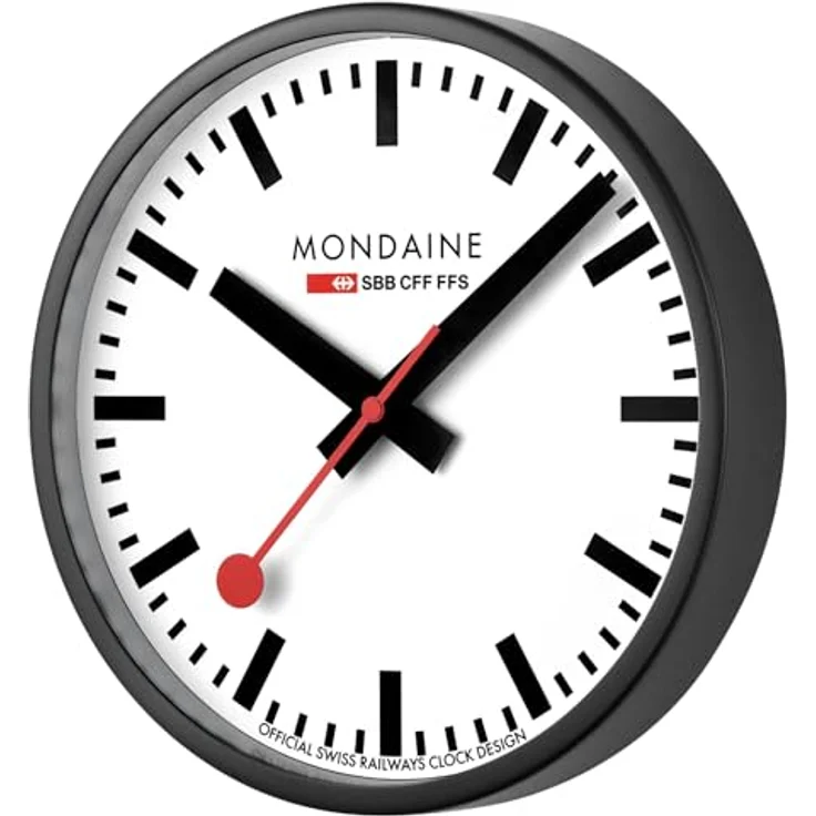 Mondaine A990.Clock.12SBB, Quarz Wanduhr 25 cm, Aluminium schwarz, Zifferblatt weiß, Stille Uhr, analog – Bild 2