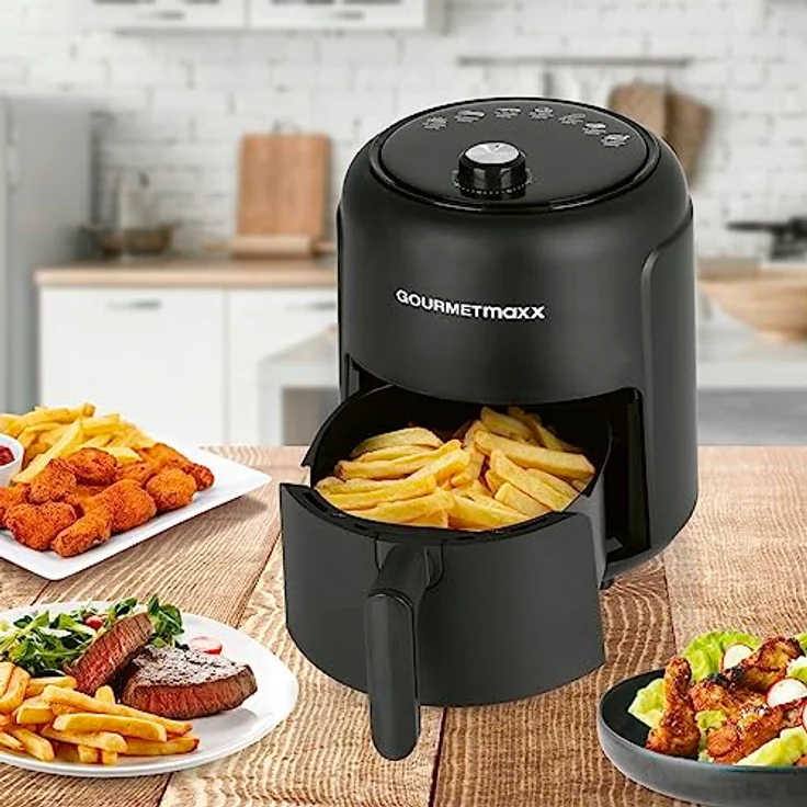 GOURMETmaxx Heißluftfritteuse 2,3l | Ideal zum Braten, Grillen, Rösten etc. | 8 verschiedene Programme | Besonders fettarme und schonende Zubereitung | Timer | Abschaltautomatik | 1000W [Schwarz] – Bild 5