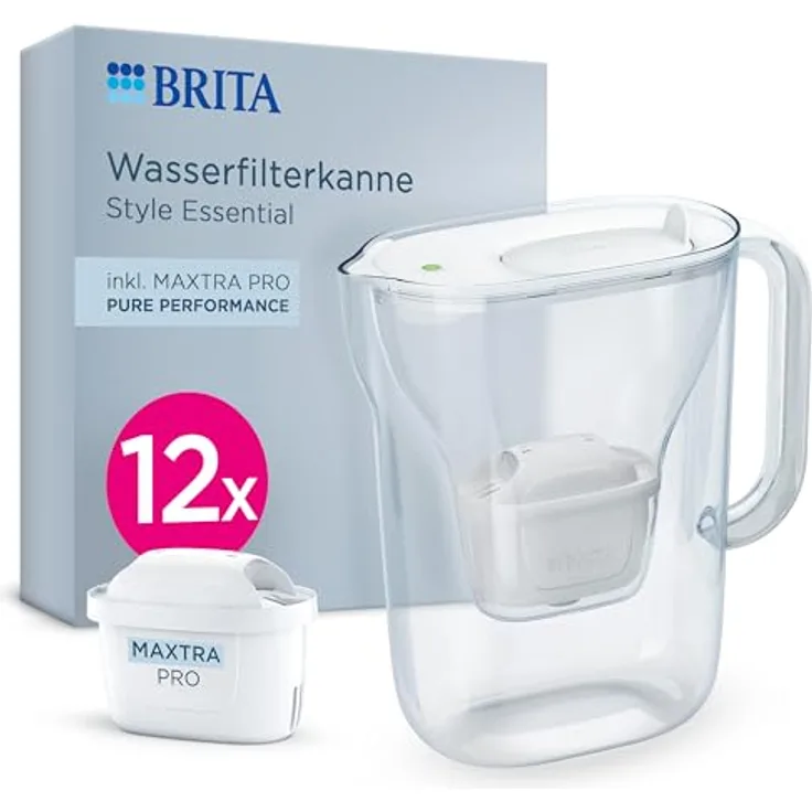 BRITA Wasserfilter Kanne Style Essential, spülmaschinengeeignet, inkl. 12x BRITA MAXTRA PRO, für bis zu 150 L frisches Wasser
