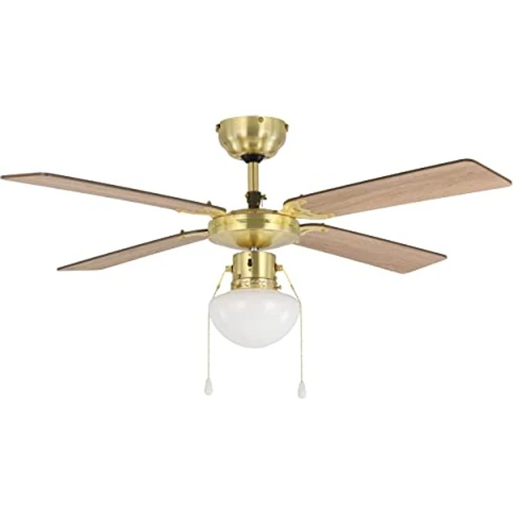 EGLO Deckenventilator Fortaleza, 4 Flügel Ventilator mit Zugkette, Beleuchtung, Sommer-Winter Betrieb, Holz, brünierter Stahl und weißem Glas, 106,6 cm – Bild 2