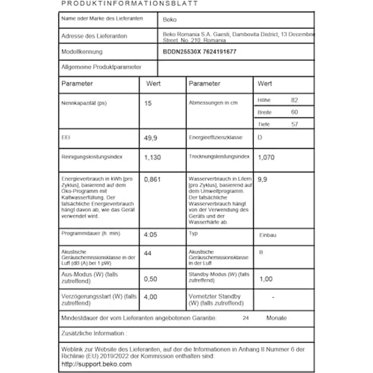 BEKO BDDN25530X Unterbau-Geschirrspüler, 60 cm, 15 Gedecke, 5 Programme, inklusive Besteckschublade und Selbstreinigungsfunktion, Energieeffizienzklasse D – Bild 10
