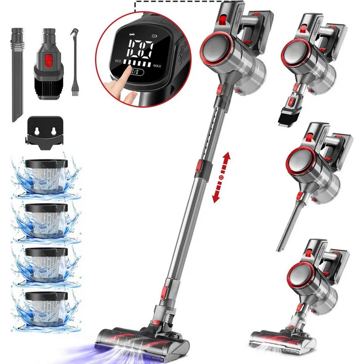 Hiazurm A19 Akku-Hand- und Stielstaubsauger, 55000Pa Saugleistung, 8-in-1, HEPA-Filter, mit Touchscreen und LED-Display, kabellos, für Böden und Teppiche, inkl. Wandhalterung