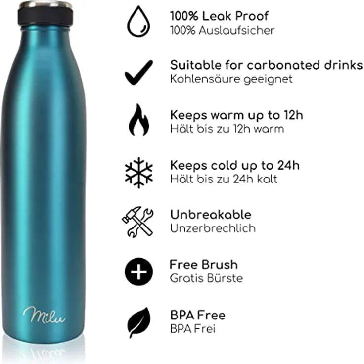 Milu Edelstahl Trinkflasche 1.5L, Isolierte Thermosflasche, doppelwandig, auslaufsicher, kohlensäuregeeignet, mit Reinigungsbürste, Grün – Bild 2