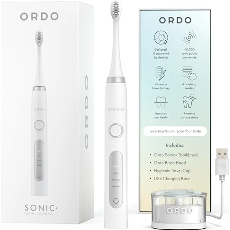 ORDO Sonic Elektrische Zahnbürste Advanced Smart Tech, 4 Putzmodi, Schnell Wiederaufladbarer Akku, Silikon-Polierelement, USB-Ladegerät, für Erwachsene, Weiß – Bild 1