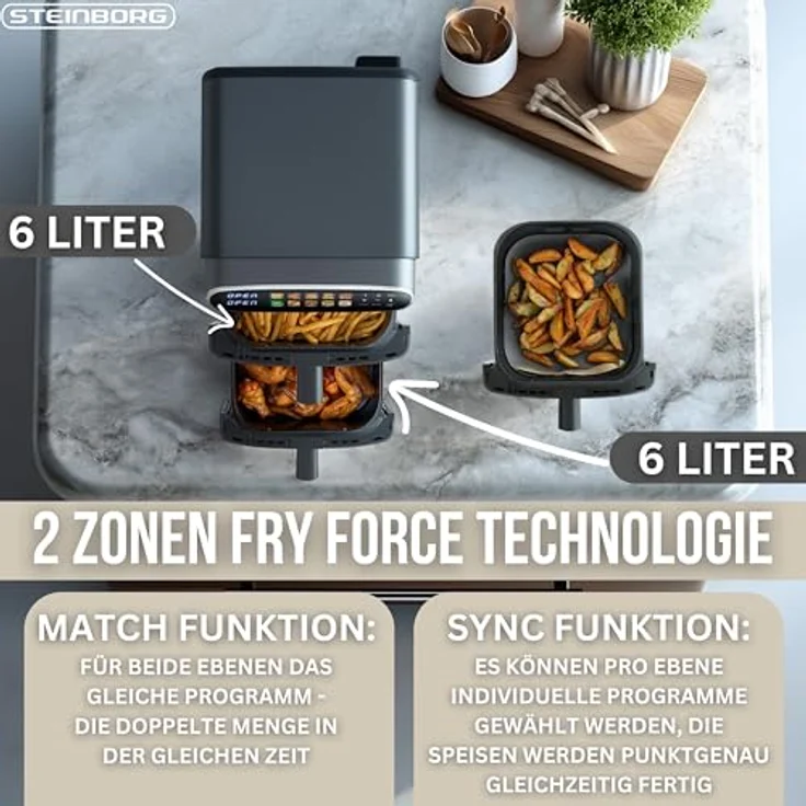 Steinborg® Heißluftfritteuse XXL 12L Double Stack, 2 Kammern à 6L, 10 Kochprogramme, 2800W, fettfreies Frittieren, kompaktes Design – Bild 4