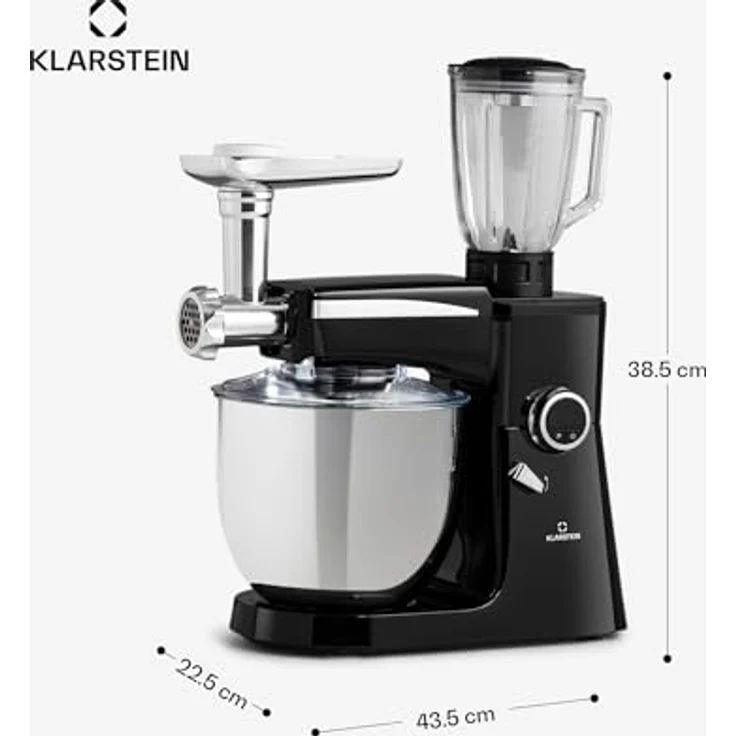 Klarstein Renata Rossa Küchenmaschine 3-in-1, 2000 W, 2,7 PS, 5 Liter Edelstahl Schüssel, inkl. Standmixer-, Fleischwolf-Aufsatz, schwarz – Bild 8
