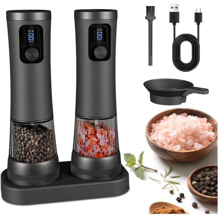 ibettertec Elektrisches Salz-/Pfeffermühle 2er Set, USB Aufladbar mit LED Beleuchtung, einstellbarem Keramikmahlwerk und Reinigungsbürste für BBQ, Restaurant, Küche
