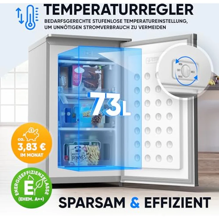 Stillstern Gefrierschrank E (73L) 4-Sterne-Gefrierfach -18°C, geringer Energieverbrauch, 3 Fächer, stufenlos regelbare Temperatur, wechselbarer Türanschlag, Gefrierschrank Klein, Tiefkühlschrank - Weiß – Bild 5