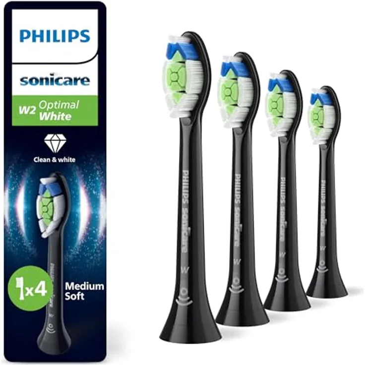 PHILIPS Sonicare W2 Optimal White, Original Ersatzbürstenköpfe, Schwarz, 4er-Pack, HX6064/88, bis zu 100% mehr Fleckenentfernung, Sonicare Technologie, BrushSync Funktion, biobasiert